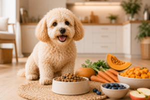Maltipoo mit glücklichem Gesichtsausdruck vor Futternapf
