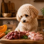 BARF Cremefarbener Maltipoo vor verschiedenen BARF-Zutaten
