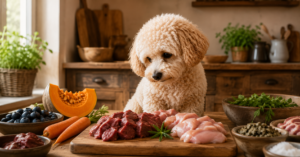 Cremefarbener Maltipoo vor verschiedenen BARF-Zutaten