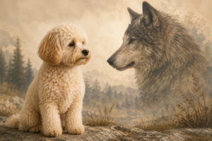 Maltipoo vor Illustration eines Wolfs
