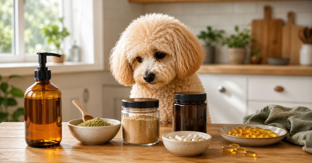 Maltipoo sitzt vor verschiedenen Nahrungsergänzungsmitteln für Hunde