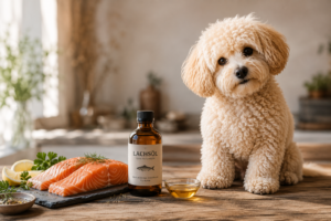 Maltipoo neben Lachsöl und Fisch