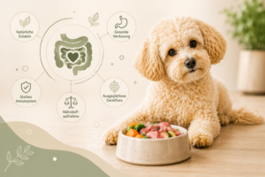 Maltipoo mit Futternapf und Darmgesundheits-Symbolen