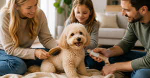Cremefarbener Maltipoo wird gebürstet