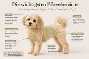 Maltipoo mit markierten Fellpflege-Zonen