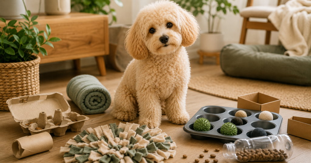 DIY-Denkspiele und Schnüffelspiele für kleine Hunde und Welpen zur geistigen Auslastung.