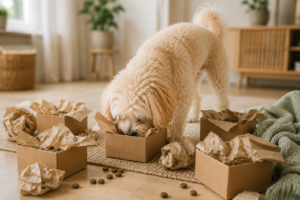Maltipoo sucht versteckte Trockenfutterstücke in Kartons.