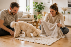 Familie beschäftigt kleinen Hund mit einem Denkspiel.