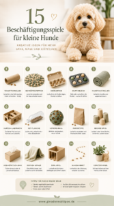 Infografik mit 15 DIY-Denkspielen für kleine Hunde und Welpen.