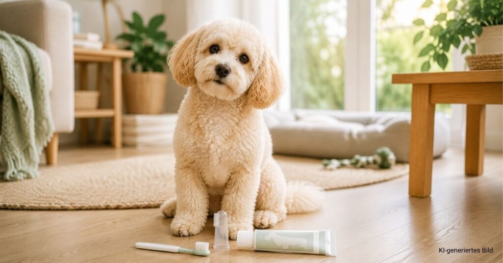 Cremefarbener Maltipoo sitzt entspannt neben einer Fingerzahnbürste und Hundezahnpasta.