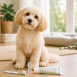 Cremefarbener Maltipoo sitzt entspannt neben einer Fingerzahnbürste und Hundezahnpasta.