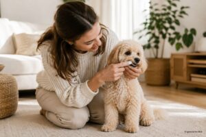 Frauchen putzt einem cremefarbenen Maltipoo mit einer Fingerzahnbürste vorsichtig die Zähne.