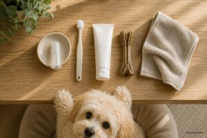 Fingerzahnbürste, Hundezahnbürste, Hundezahnpasta und Dental-Kauartikel auf einem Holztisch.