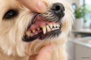 Nahaufnahme eines Hundemauls mit leichtem Zahnbelag.