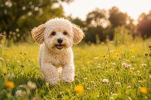 Fröhlicher Maltipoo läuft über eine Sommerwiese.