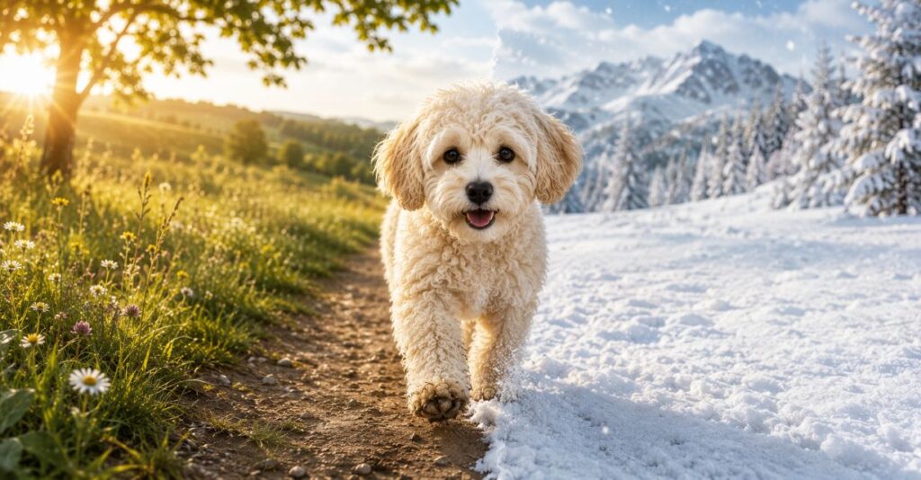 Cremefarbener Maltipoo läuft durch Schnee und Gras – Symbol für Pfotenpflege im Sommer und Winter.