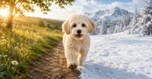 Cremefarbener Maltipoo läuft durch Schnee und Gras – Symbol für Pfotenpflege im Sommer und Winter.