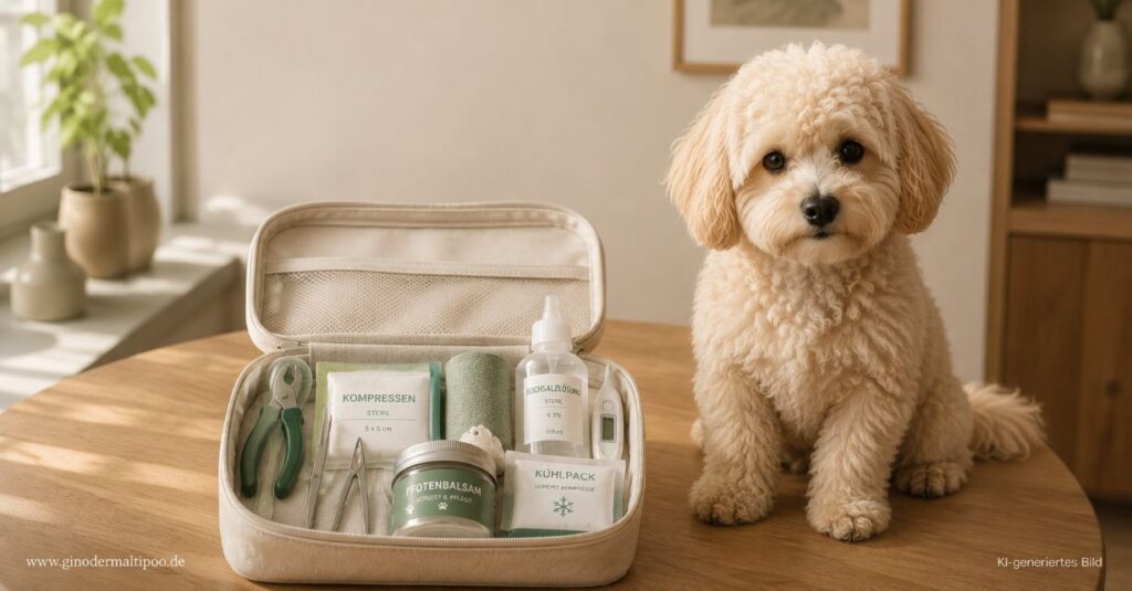 Eine kleine Hundeapotheke mit Zeckenzange, Verbandsmaterial und Pfotenbalsam neben einem neugierigen cremefarbenen Maltipoo.