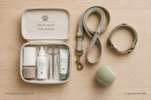 Minimalistische Hundeapotheke mit wenigen sorgfältig ausgewählten Produkten.
