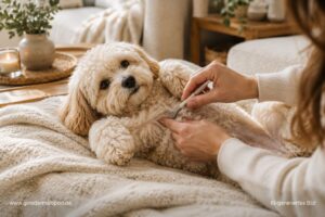 Frauchen entfernt vorsichtig mit einer Zeckenzange eine Zecke bei einem cremefarbenen Maltipoo.