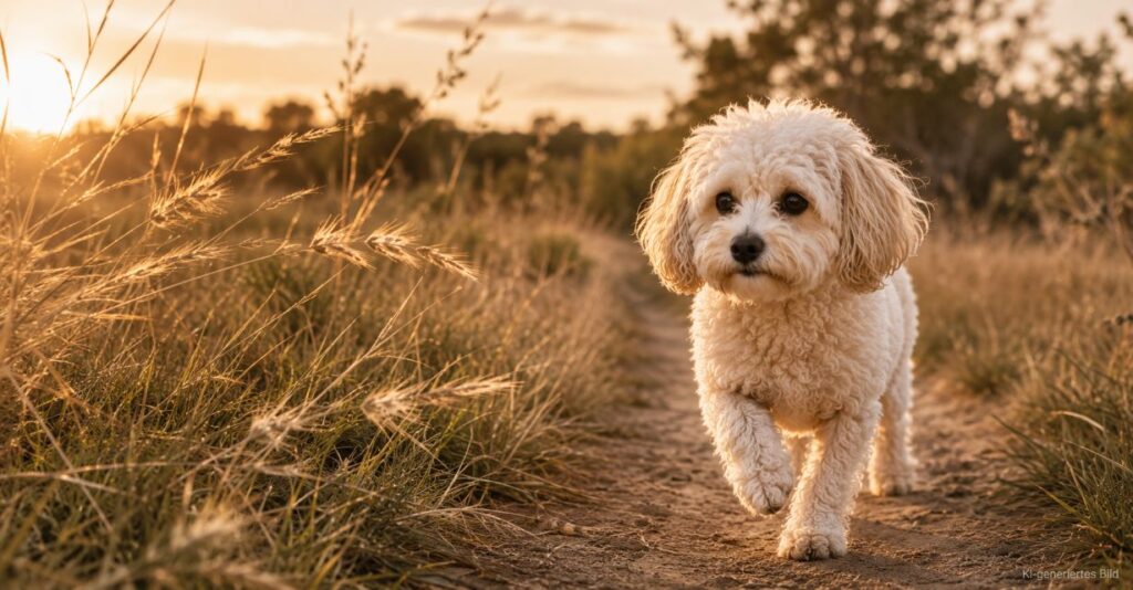 Maltipoo läuft im Sommer über eine Wiese mit Grannen.