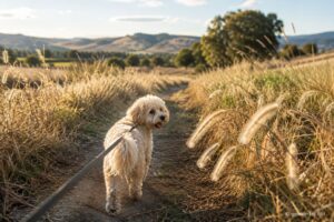 Kleiner Maltipoo läuft auf einem Feldweg mit trockenen Gräsern.