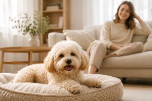 Maltipoo liegt entspannt nach der Pfotenkontrolle im Wohnzimmer.