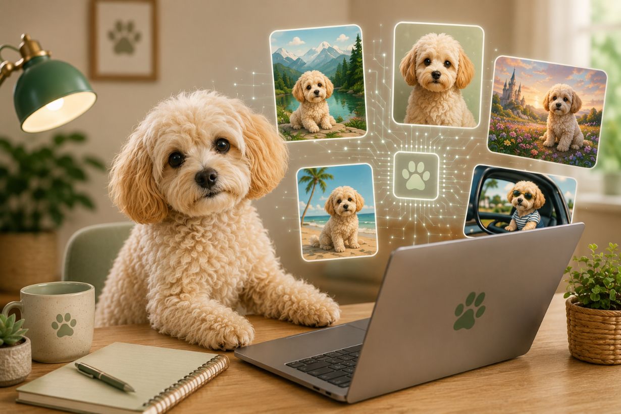 Maltipoo Gino mit Laptop und kreativen KI-Bildern