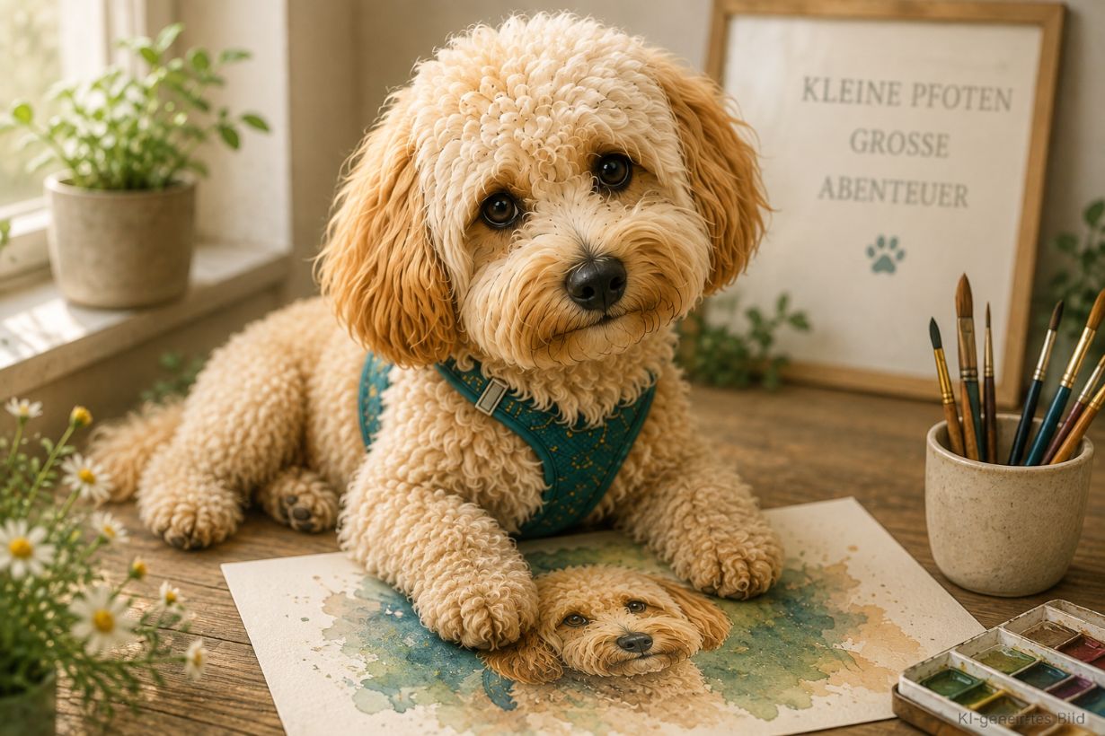 Fluffy Maltipoo bei der kreativen Gestaltung eines Hundefotos mit KI